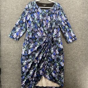 Suzanne Betro Dress Womens 3X Blue Floral Wrap Round Neck Sheath Ladies Career